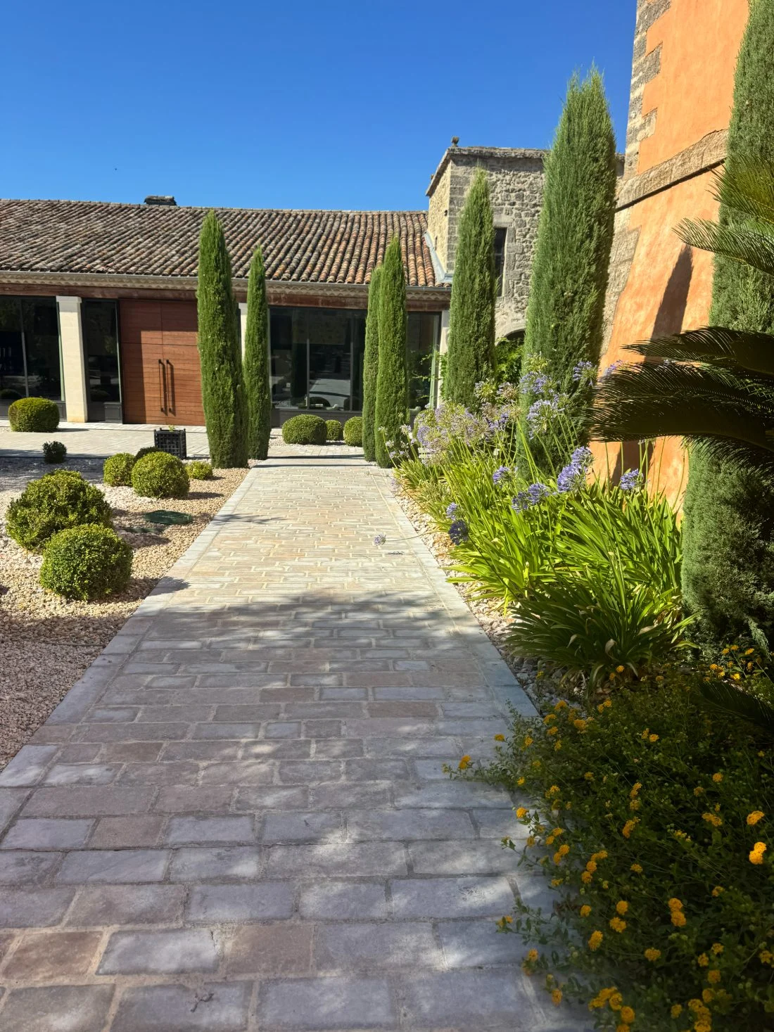 Allée en pavés de pierre bordée de cyprès et d'agapanthes